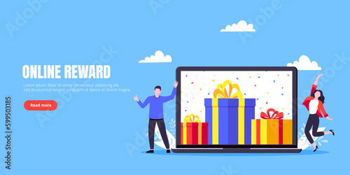 Get online reward and gifts, earn loyalty program points. Get loyalty card and customer service business concept flat design vector illustration. Tiny people with big gift boxes.