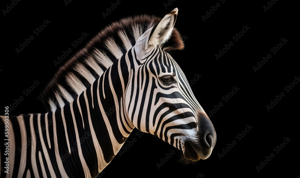 Obraz premium Zebra isolated on black seen by profile. Generative AI