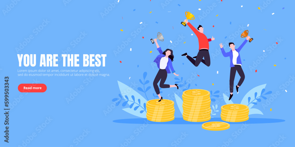 People standing on the money podium rank first three places, jumps in the air with trophy cup. Employee recognition and competition award winner business concept flat style design vector illustration. People standing on the money podium rank first three places, jumps in the air with trophy cup. Employee recognition and competition award winner business concept flat style design vector illustration.