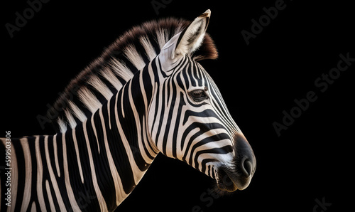 Zebra isolated on black seen by profile. Generative AI
