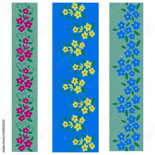 Set of three cutout style floral seamless borders. Vector flat papercraft illustration in bold colors. Can be used for decoration, food packaging, paper, scrapbooking, wallpaper, background