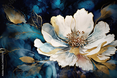 a wallpaper botanical flowers with one big flower for whole artwork flowing alcohol ink style bioluminescence navy blue background, white, gold, generative AI