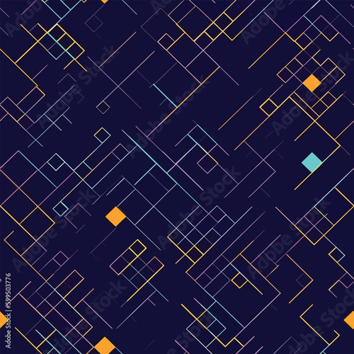 Color Fusion: A Seamless Pattern of Geometric Shapes in Dark Blue and Orange with Frequent Diagonals