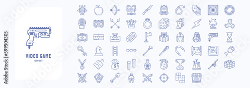 A collection sheet of outline icons for Video Game Elements, including icons like Airplane, Armor, Crown, Dice and more
