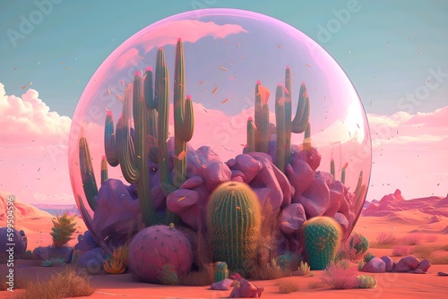 Fantasy landscape in a strange planet and a cactus on pastel color, generative ai illustration