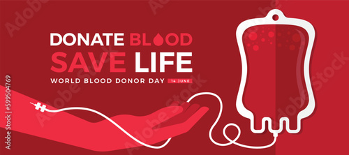 World blood donor day, Donate blood save live - The donated blood is taken from the donor red arm into bag on red background vector design