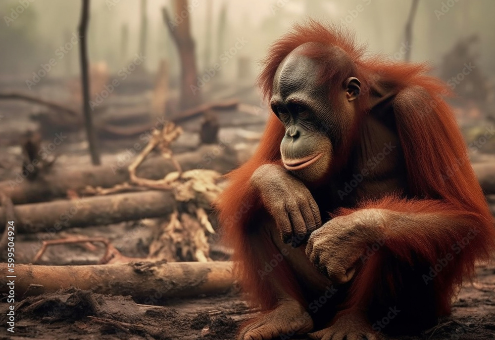 Obraz premium A potrait of poor orangutan looks sad at burning forest generative ai