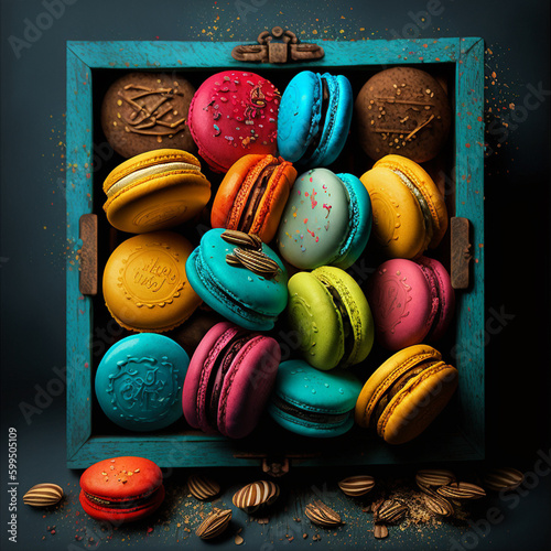 Cakes macaron or macaroon in wooden vintage box on blue table, colorful bright cookies.