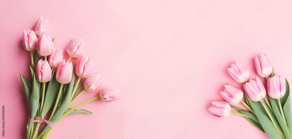 Fototapeta premium Creative Floral composition. Pink tulip tulips flower on pastel pink background. Template for product presentation display.. flat lay top view. copy text space