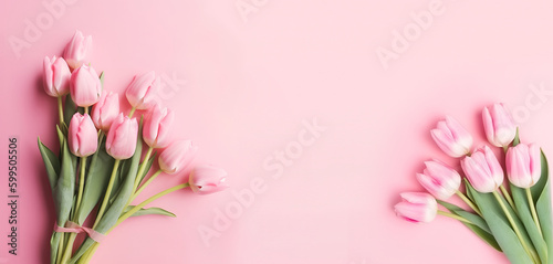 Fototapeta Naklejka Na Ścianę i Meble -  Creative Floral composition. Pink tulip tulips flower on pastel pink background. Template for product presentation display.. flat lay top view. copy text space
