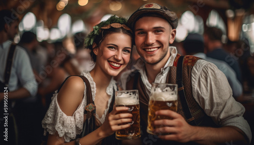 German couple drinking beer and celebrating the Oktoberfest. Generative AI illustrations