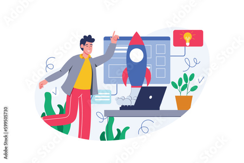 Creative startup color concept with people scene in the flat cartoon design. Man is happy because he realized his creative idea and launched first startup. Vector illustration.