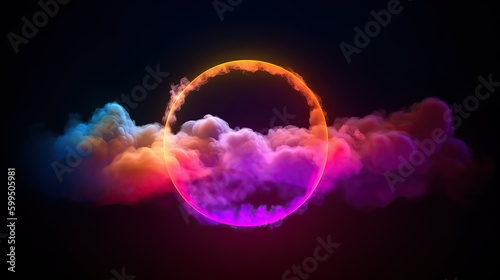 3d render, abstract cloud illuminated with neon light ring on dark night sky Glowing geometric shape