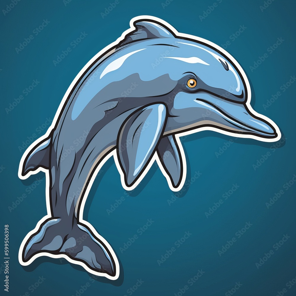 Obraz premium Dolphin Sticker, Cartoon Style, Monotone Colors, dolphin jumping out of water, cute dolphin sticker with blue background, Generative AI