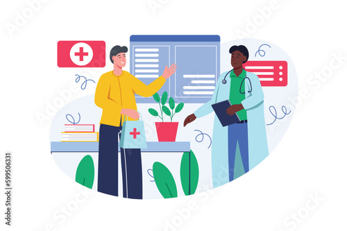 Medical office color concept with people scene in the flat cartoon design. Patient came to the doctor to take away all the medicines needed for treatment at home. Vector illustration.