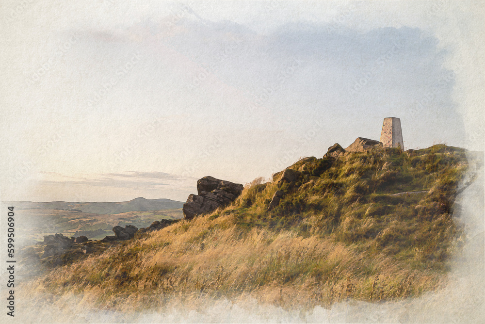 Digital watercolour painting of the trigonometry point on top of The Roaches at sunset in the Peak District National Park.