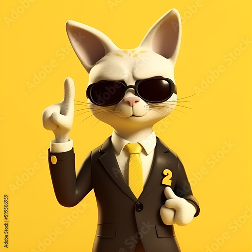 Cool confident cat businessman on yellow background. AI generated content.