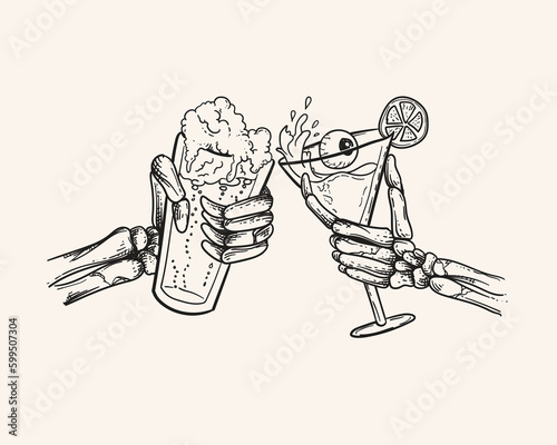 Hand drawn outline illustration of two hands holding a glass of cocktail with lime and ice
