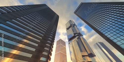 Skyscrapers  high-rise buildings  skyscrapers sky view  modern buildings against the sky with clouds  3d rendering