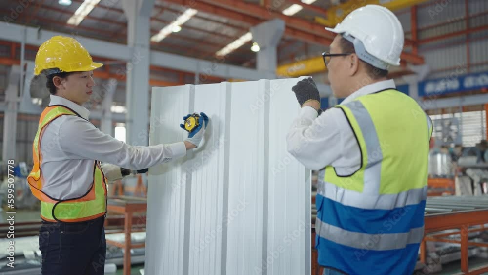 Two professional Asian man workers in safety uniform holding and checking quality of metal sheet roof at manufacturing metal plant Two professional Asian man workers in safety uniform holding and checking quality of metal sheet roof at manufacturing metal plant