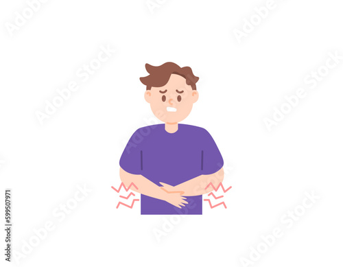 a man feels pain in his stomach. stomachache and digestive organs problems. symptoms of ulcer disease, food poisoning, stomach flu, inflammatory bowel. health problems. illustration design of person's