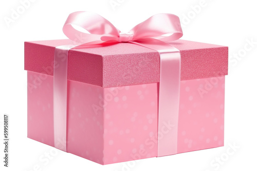 Glossy pink gift box with ribbon on transparent background. Generative AI illustration