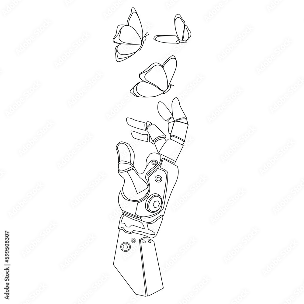 Bionic robotic hand touches flying butterflies Line art drawing for logo,emblem,print,poster template,vector illustration. artificial intelligence concept. Bionic arm sketch liner design
