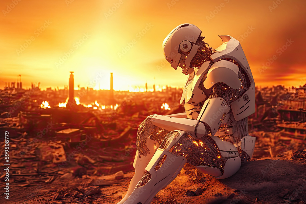 Fototapeta premium Sad Humanoid Robot Against Destroyed Earth in Fire. AI generative. Apocalypse Concept.