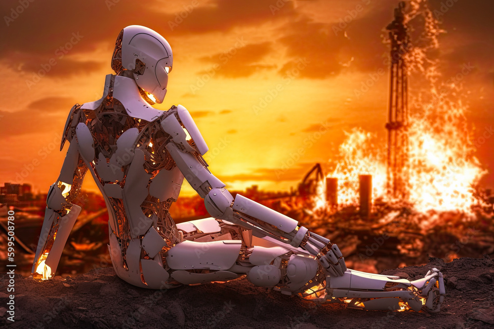 Pensive Humanoid Robot Against Destroyed Earth in Fire. AI generative. Apocalypse Concept. - obrazy, fototapety, plakaty 