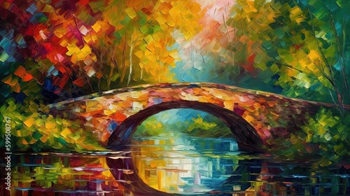 illustration  of rock bridge cross over canal with summer woods as background  idea for home wall decor   Generative Ai