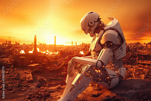 Sad Humanoid Robot Against Destroyed Earth in Fire. AI generative. Apocalypse Concept.