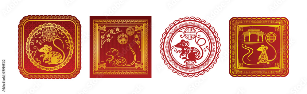Red Chinese Rat or Mouse New Year Symbol and Emblem Vector Set Red Chinese Rat or Mouse New Year Symbol and Emblem Vector Set