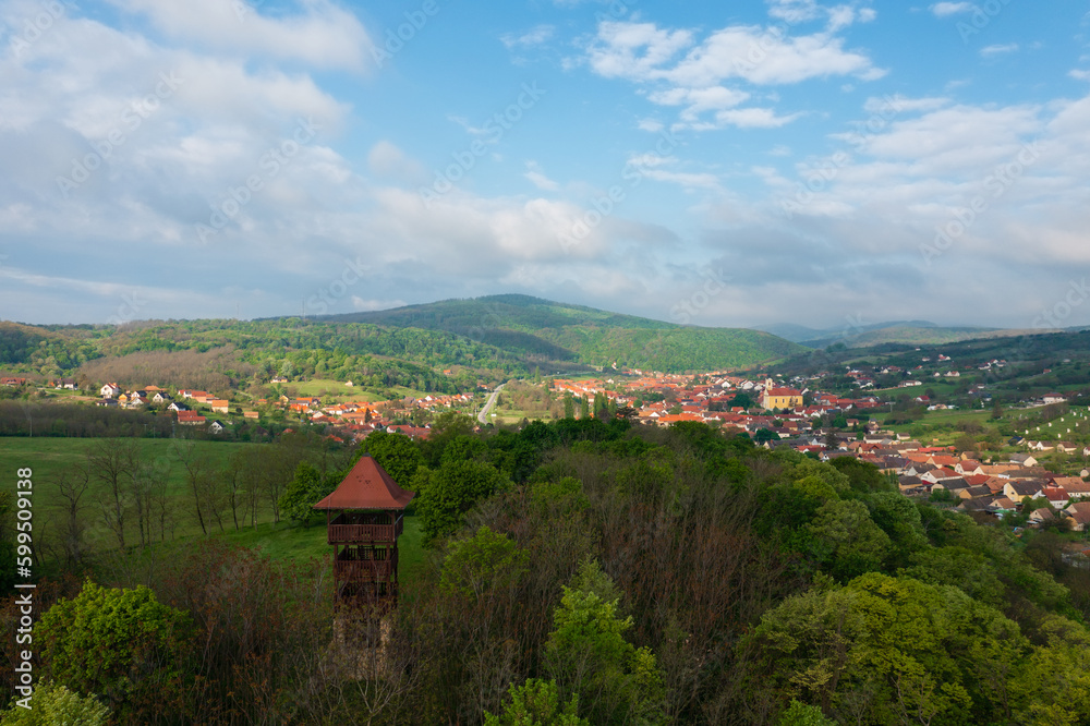 Aerial view about Varhegy lookout tower which is located not far from  the Schlossberg castle ruins. Hungarian name is Var-hegyi kilato