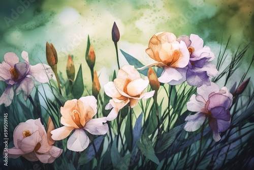 Fototapeta Naklejka Na Ścianę i Meble -  flower background, irises, watercolor - Ai