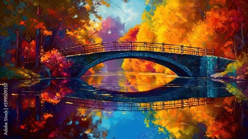 Obraz most skalny nad kanałem z lasem w tle, wygenerowane przez sztuczną inteligencję