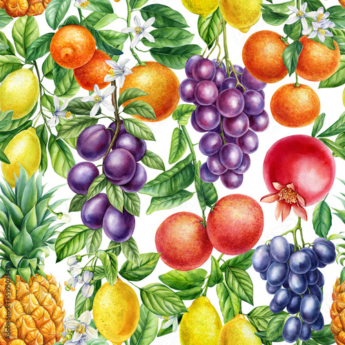 Colored tropical background  hand drawn watercolor botanical painting. Fruits seamless pattern  sweet wallpaper