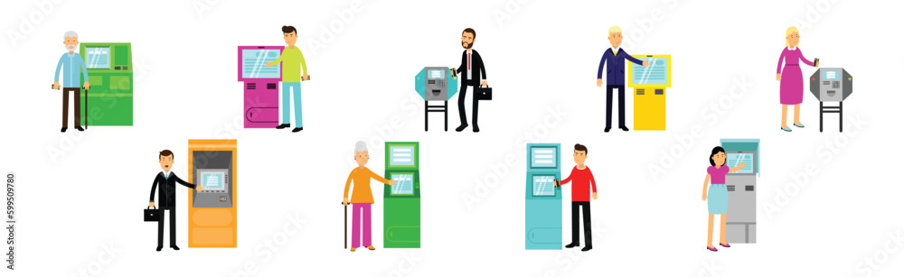 People Characters Using Electronic Self Service Terminals and ATM Machine Vector Illustration Set People Characters Using Electronic Self Service Terminals and ATM Machine Vector Illustration Set