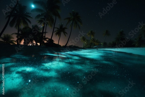 luminous beach paradise blue palm vacation night sky tree tropical ocean. Generative AI.