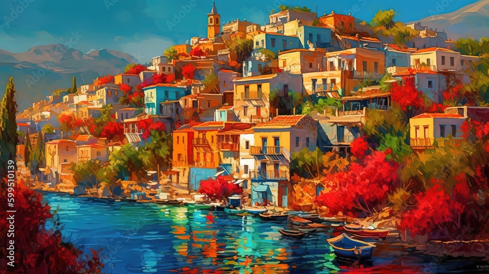 illustration of beautiful view of Mediterranean coastal cityscape at seaside in summer mood vivid tone color, idea for home wall decor, Generative Ai