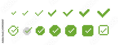 Pixel ok check icon, vector 8 bit pixel art symbol. 8-bit pixelated ok good icon. 8bit isolated green check icon sheet. 