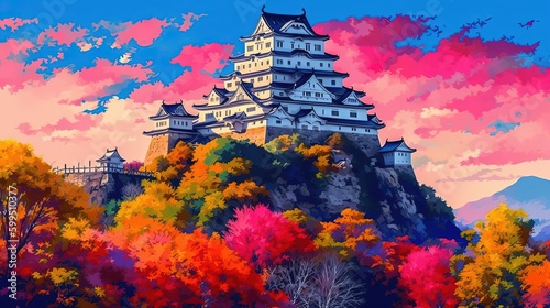 illustration of Japanese strong hold palace on mountain top, Generative Ai