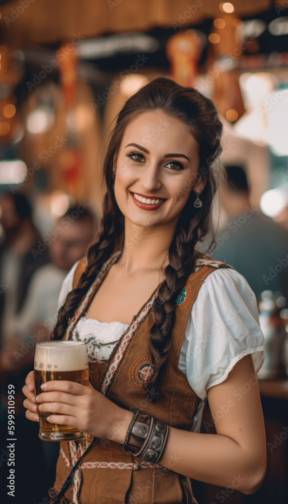 Attractive german waitress serving large beer at the Oktoberfest in Germany. Generative AI illustrations Attractive german waitress serving large beer at the Oktoberfest in Germany. Generative AI illustrations