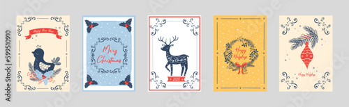 Merry Christmas Card Cover with Reindeer, Fir Branch and Baubles Vector Set