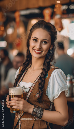 Attractive german waitress serving large beer at the Oktoberfest in Germany. Generative AI illustrations