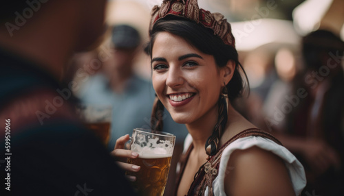 Attractive german waitress serving large beer at the Oktoberfest in Germany. Generative AI illustrations