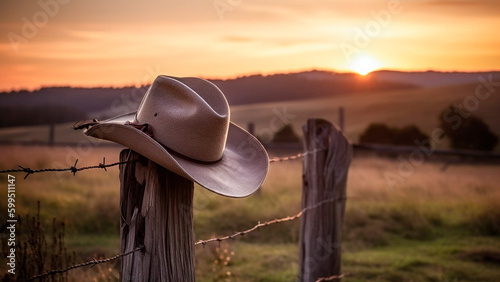 Cowboy's hat resting on a farm fence at sunset. Generative AI. photo