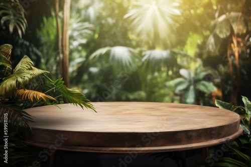 mock up palm design space leaf color podium wooden green platform. Generative AI.
