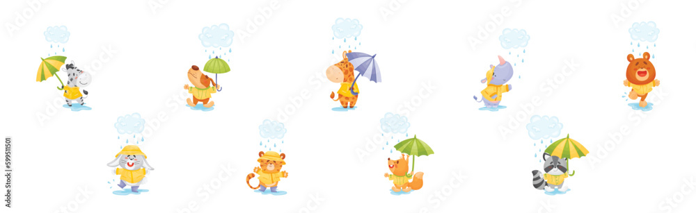 Smiling Animals Wearing Coat Walking on Puddles in Rainy Day with Umbrella Vector Set Smiling Animals Wearing Coat Walking on Puddles in Rainy Day with Umbrella Vector Set