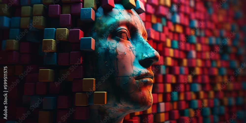 Human head divided into parts by cubes. Knowledge and database concept ...