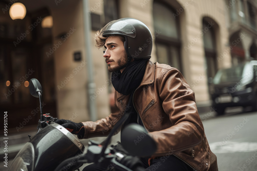 Man in helmet and leather jacket riding a motorbike in the city. Generative AI Man in helmet and leather jacket riding a motorbike in the city. Generative AI